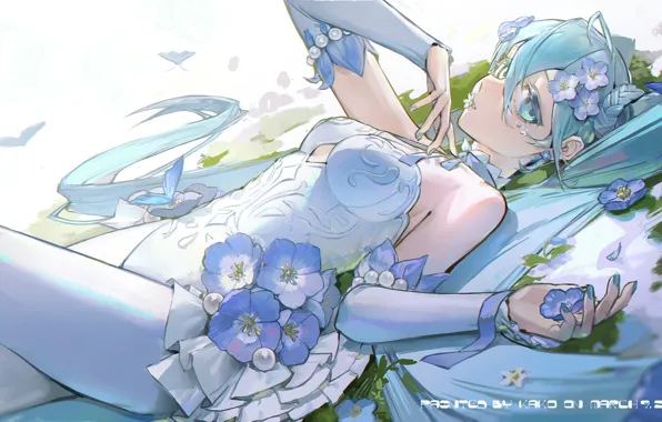 Water, girl, butterfly, flowers, Hatsune Miku, Vocaloid