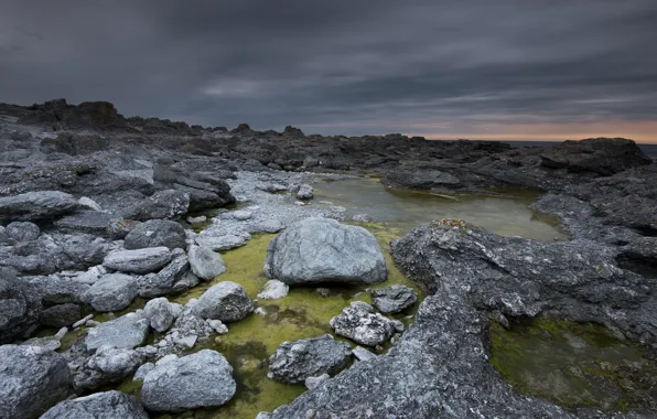 Sea, landscape, sunset, stones