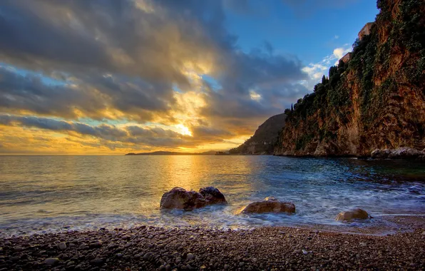 Picture sea, the sky, sunset, pebbles, rocks, shore