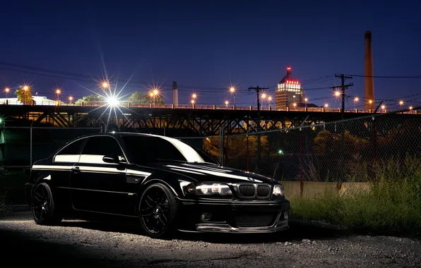 Night, the city, glare, BMW, BMW, black, black, E46