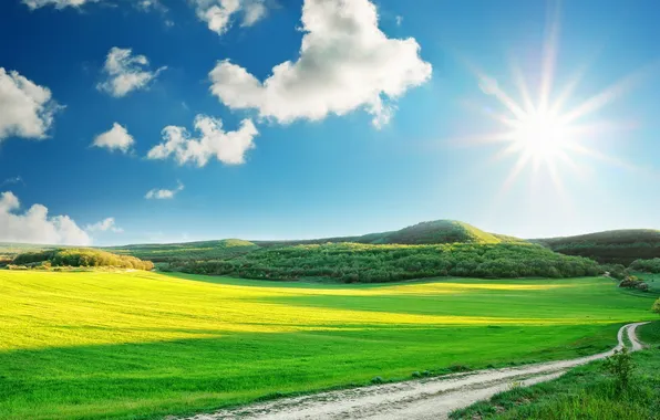 Picture road, the sky, grass, the sun, mountains, art, Landscape