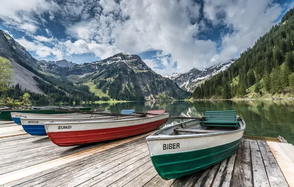 Mountains, lake, Marina, boats, Austria, Austria, Tyrol, Tyrol