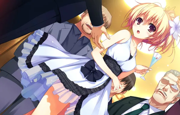 Girl, glass, dress, male, ruffles, flower in hair, embarrassment, Invitation