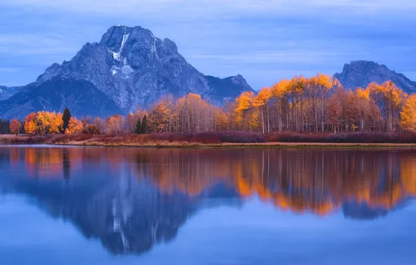 Autumn, trees, mountains, lake, reflection, Wyoming, USA, Grand Teton