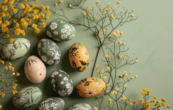 Flowers, holiday, eggs, spring, Easter, green background, twigs, painted