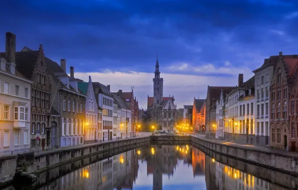 Night, home, channel, Belgium, Bruges, Jan van eyck square