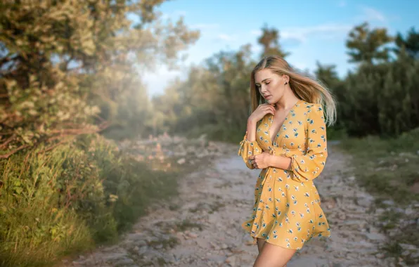 Picture girl, nature, pose, hair, dress, blonde, legs, beauty