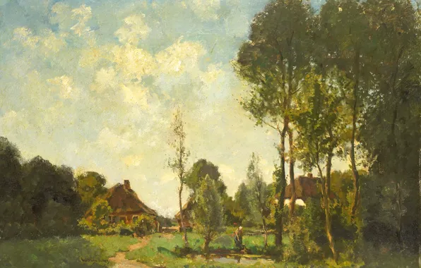 Picture trees, landscape, oil, picture, Farmhouses in a Wooded Area, John Embrosius van de Wetering de …