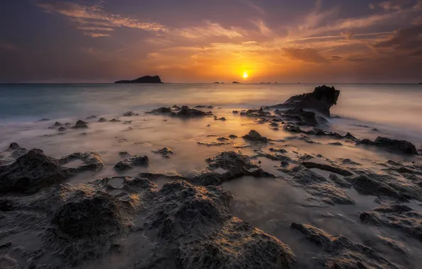 Sea, the sky, the sun, clouds, sunset, stones, rocks, shore