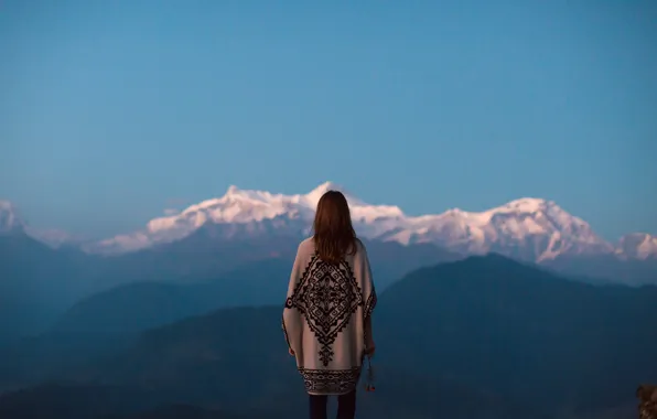 Picture girl, twilight, mountains, dusk, contemplation