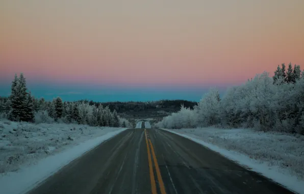 Twilight, road, sunset, pink, winter, snow, dusk, purple