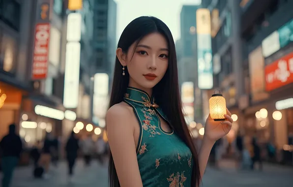 Girl, the city, earrings, dress, Chinese, Asian, long hair