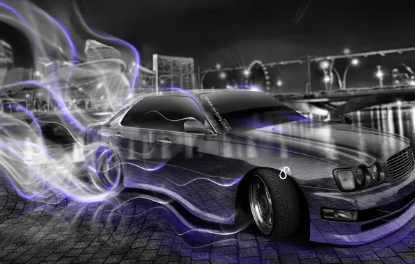 Night, The city, Smoke, Neon, Style, Nissan, Wallpaper, City
