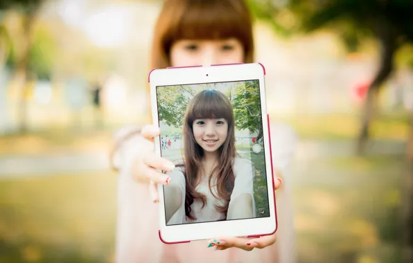 Smile, portrait, tablet, Oriental girl