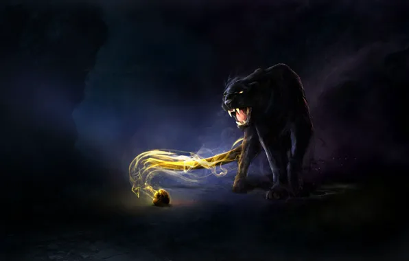 Picture cat, magic, predator, Panther, art, mouth, fangs, cave