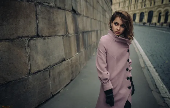 Picture girl, bridge, city, wall, model, clothing, gloves, brown hair