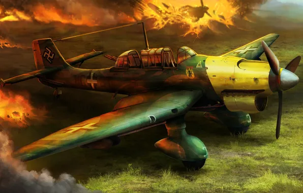 Figure, The plane, War, The explosion, Art, Explosions, Bomber, The Germans