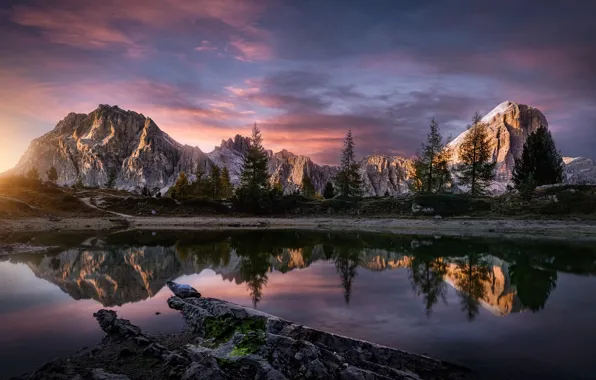 The sky, clouds, trees, mountains, lake, morning