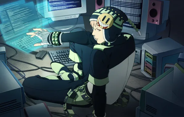 Computer, hat, bracelet, keyboard, guy, smiley, art, monitors