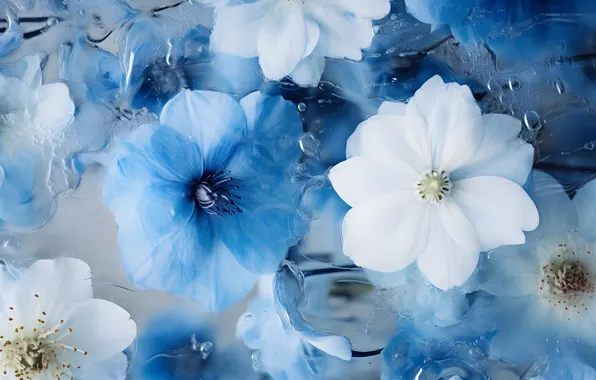 Water, drops, flowers, bubbles, blur, blue, white, blue