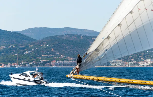 Sea, girl, coast, France, sailboat, boat, sail, France
