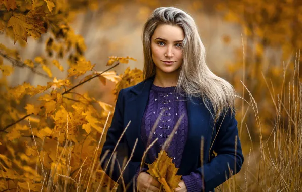 Autumn, look, leaves, girl, blonde, Sergey Sorokin