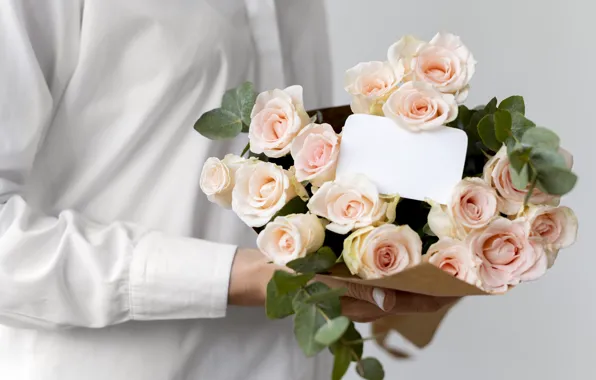 Flowers, roses, bouquet, male, white shirt