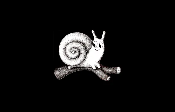 Graphics, snail, black and white, log, black background, toon