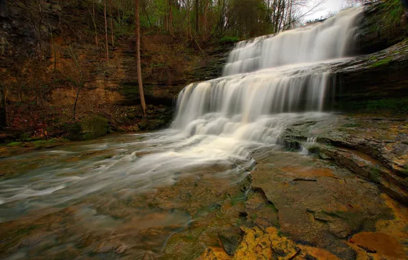 Picture water, trees, rocks, waterfall, stream, USA, cascade