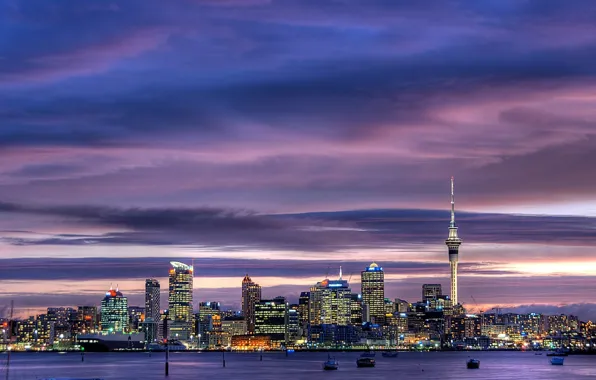 The sky, city, the city, lights, skyscrapers, New Zealand, twilight, sky