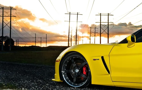 Picture the sky, clouds, sunset, yellow, tuning, Z06, Corvette, Chevrolet