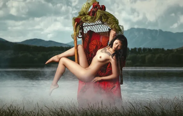 Grass, water, girl, nature, fog, chair, brunette, tattoo