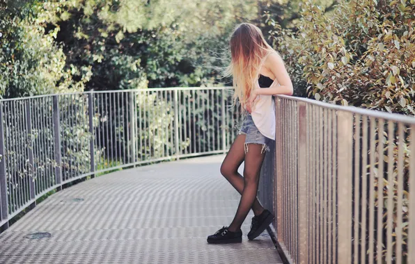 Picture girl, pose, shorts, shoes, blonde
