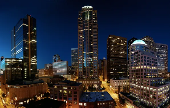 Night, skyscrapers, Seattle