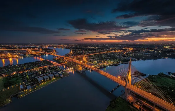 Sunset, lights, Thailand, Bangkok, twilight, bridge Mahidol