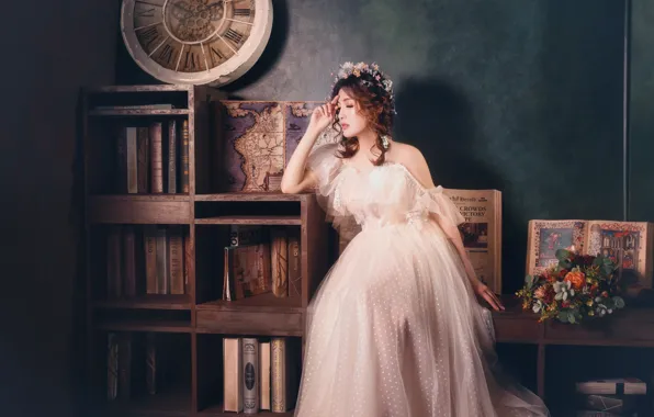 Picture girl, flowers, pose, room, interior, dress, outfit, book