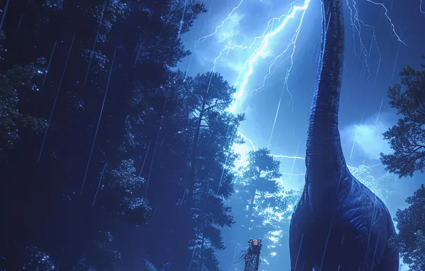 Trees, Lightning, Clouds, Dinosaur, Neck, Animal, Digital art, Ancient animals