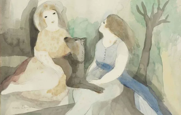 Watercolor, pencil, Modern, Marie Laurencin, Two women with a dog