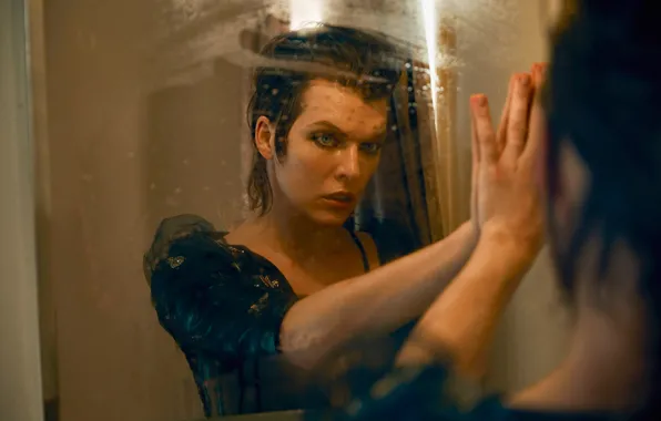 Reflection, dress, actress, mirror, brunette, hairstyle, photoshoot, Milla Jovovich