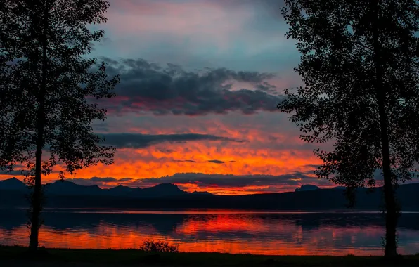 Picture the sky, clouds, trees, sunset, mountains, nature, lake, the evening