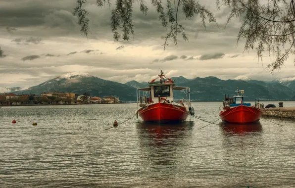 Picture mountains, river, Nature, red, boats, river, landscape, nature