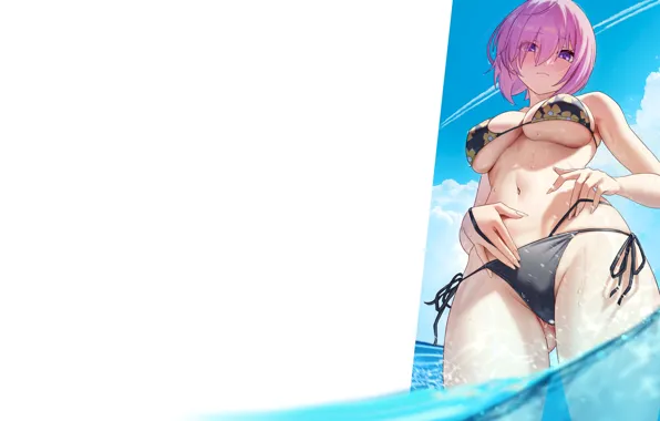Girl, hot, beach, sea, sexy girl, pink, anime, short hair