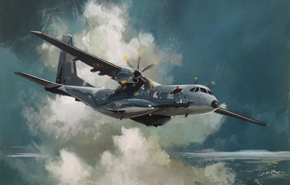 Clouds, The plane, Flight, Picture, Art, Turboprop, English artist, Military transport aircraft