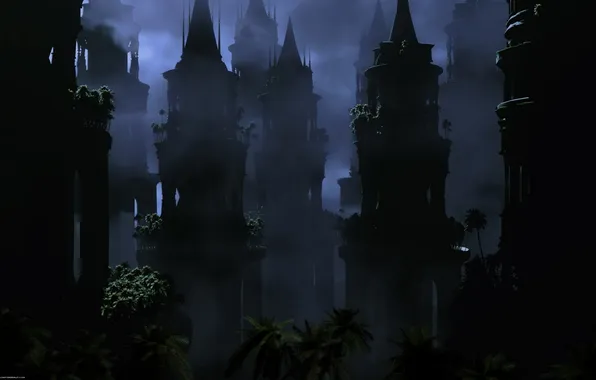 Night, darkness, palm trees, the darkness, tower, mystery
