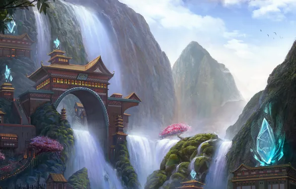 Picture the city, rocks, waterfall, arch, crystals, League Of Legends