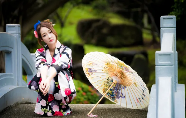 Picture girl, umbrella, kimono, Asian