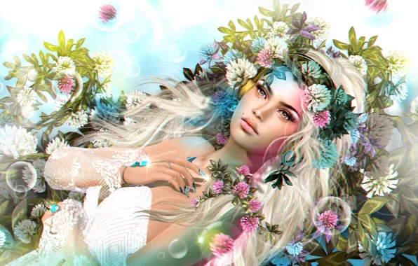 Girl, flowers, hair, clover