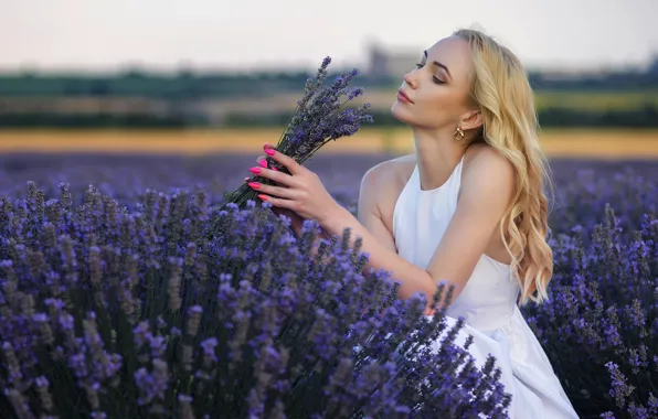 Girl, flowers, pose, mood, blonde, a bunch, lavender, Ivan Georgiev