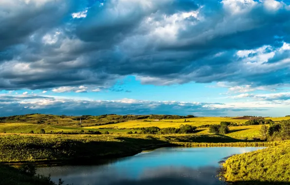 The sky, clouds, pond, field, Canada, Alberta, meadows, Turner Valley