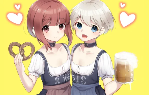 Picture beer, mug, hearts, red, blue eyes, yellow background, friend, pretzel